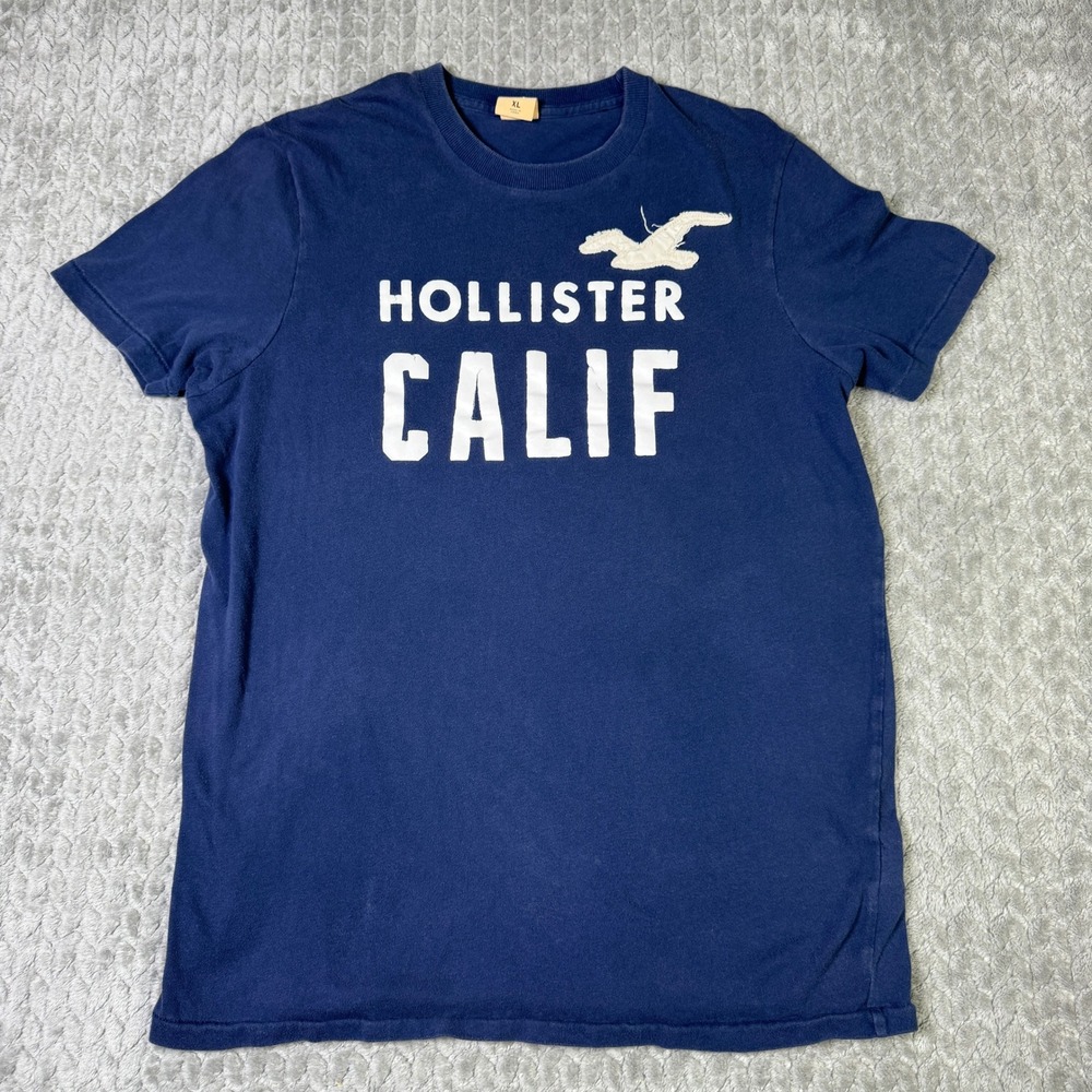 Hollister California Graphic Tee Mens XL Navy Blue Distressed Seagull Y2K Shirt